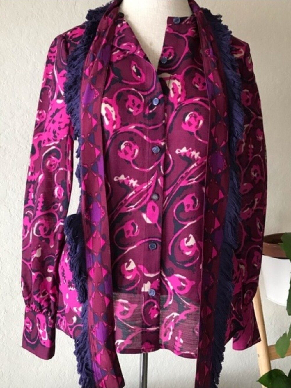 Tory Burch Magenta and Navy Button-Down Silk Blouse Size 0